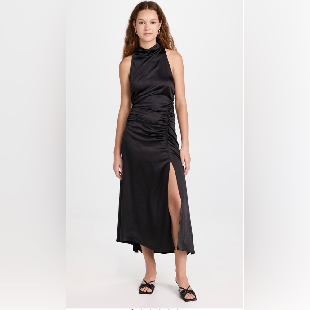 A.L.C. Black Satin Halter Ruched Midi Dress with Side Slit
